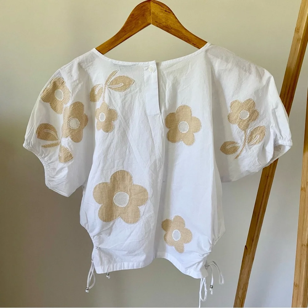 NWT Madewell Poplin Gingham Embroidered Flower Puff Sleeve Cut Out Top in White